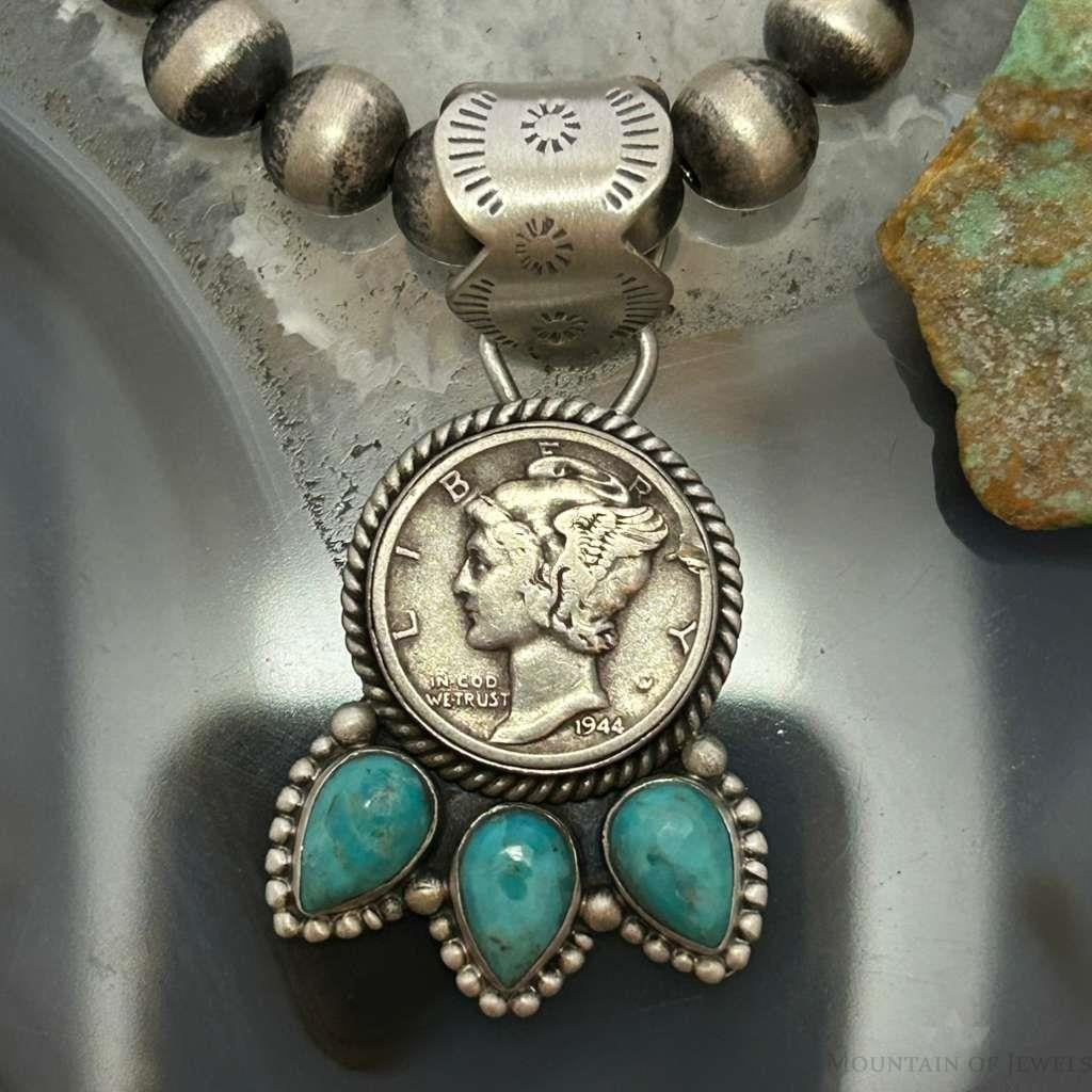 Genuine 1944 90% Silver Mercury Dime Coin Teardrop Mohave Turquoise Unisex Pendant