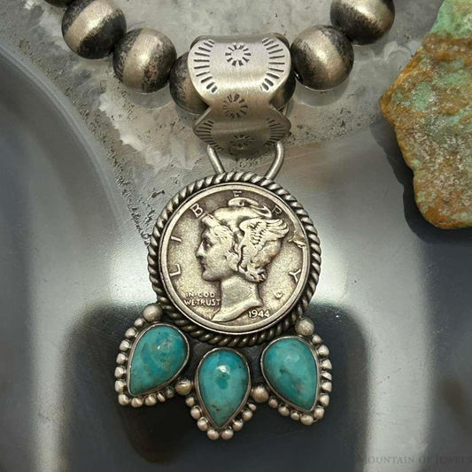 Genuine 1944 90% Silver Mercury Dime Coin Teardrop Mohave Turquoise Unisex Pendant