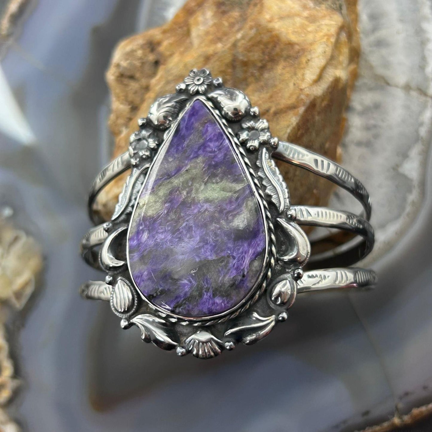 Sterling Silver Southwestern Style Large Teardrop Charoite Bracelet For Women