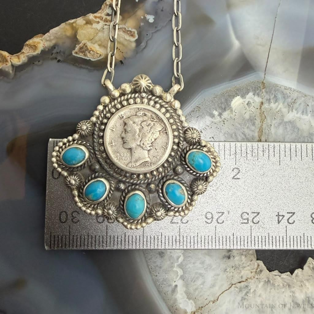Sterling Silver Southwestern Style 1944 Mercury Dime & Kingman Turquoise Necklace For Women