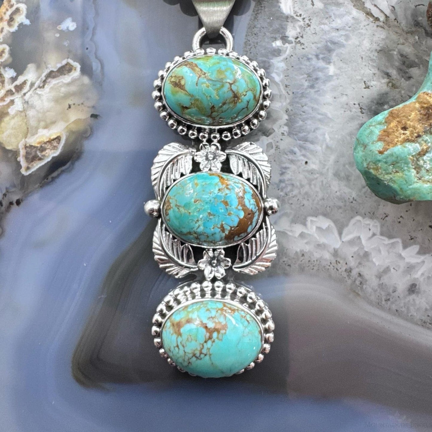 Sterling Silver Southwestern Style 3 Oval Turquoise Decorated Pendant For Women