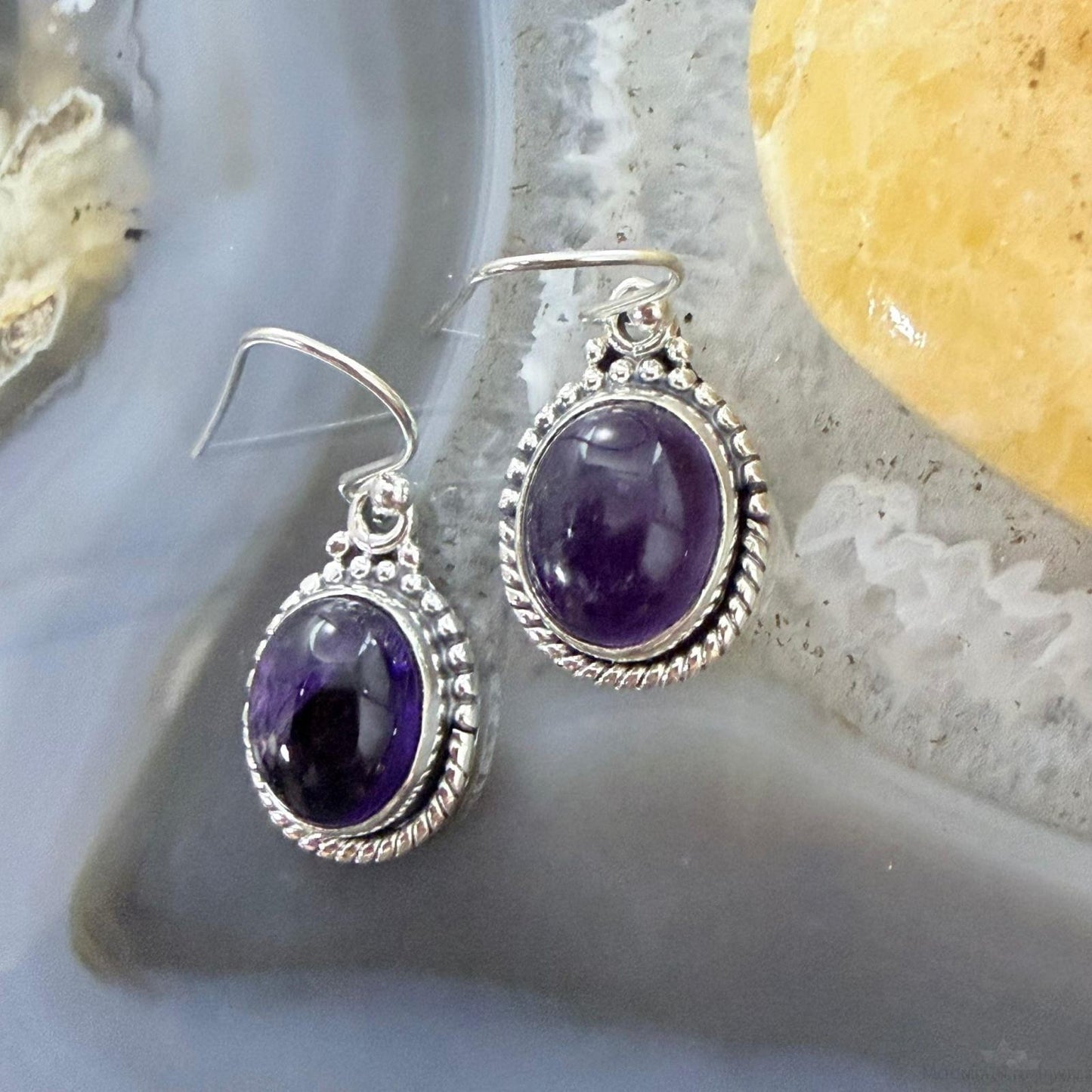 Sterling Silver Southwestern Style Oval Amethyst Dangle Earrings For Women