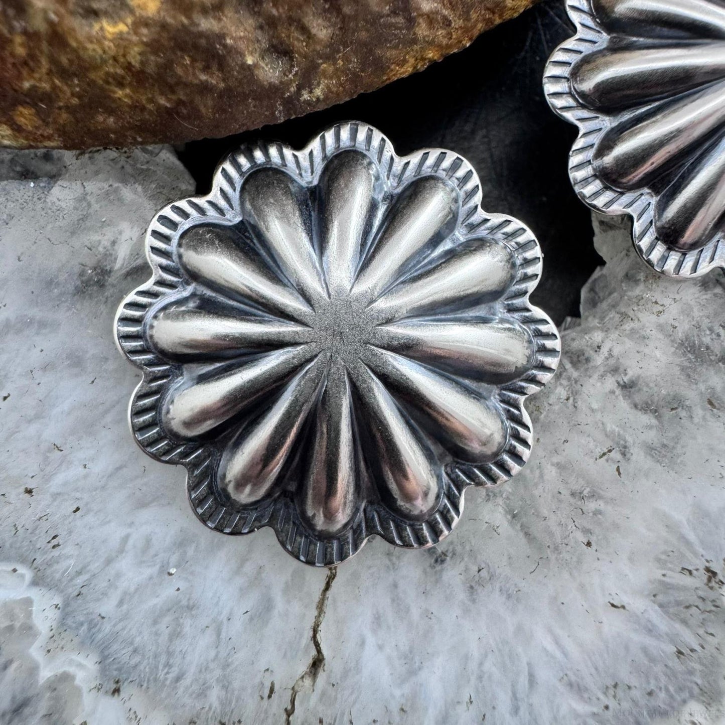 Native American Sterling Silver Repousse Large Concho Stud Earrings For Women