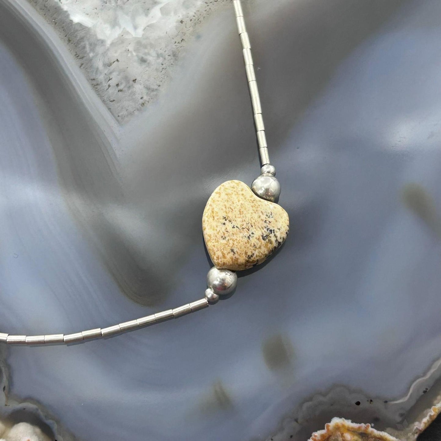 Carolyn Pollack Vintage Sterling Silver Tube Beads & 9 Jasper Hearts Necklace For Women