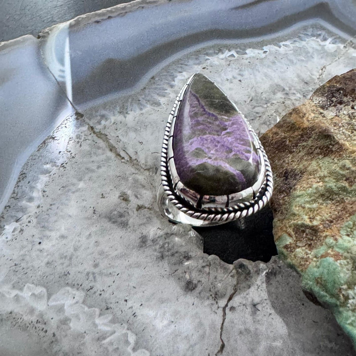 Sterling Southwestern Style Elongated Teardrop Stichtite Ring Size 8.75 For Women