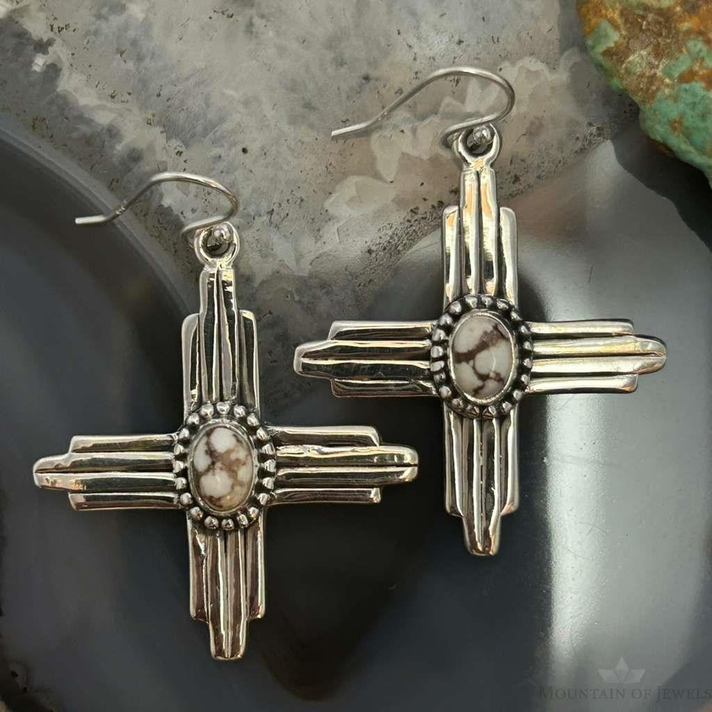 Sterling Silver Southwestern Style Round Wild Horse Zia Dangle Earrings For Women