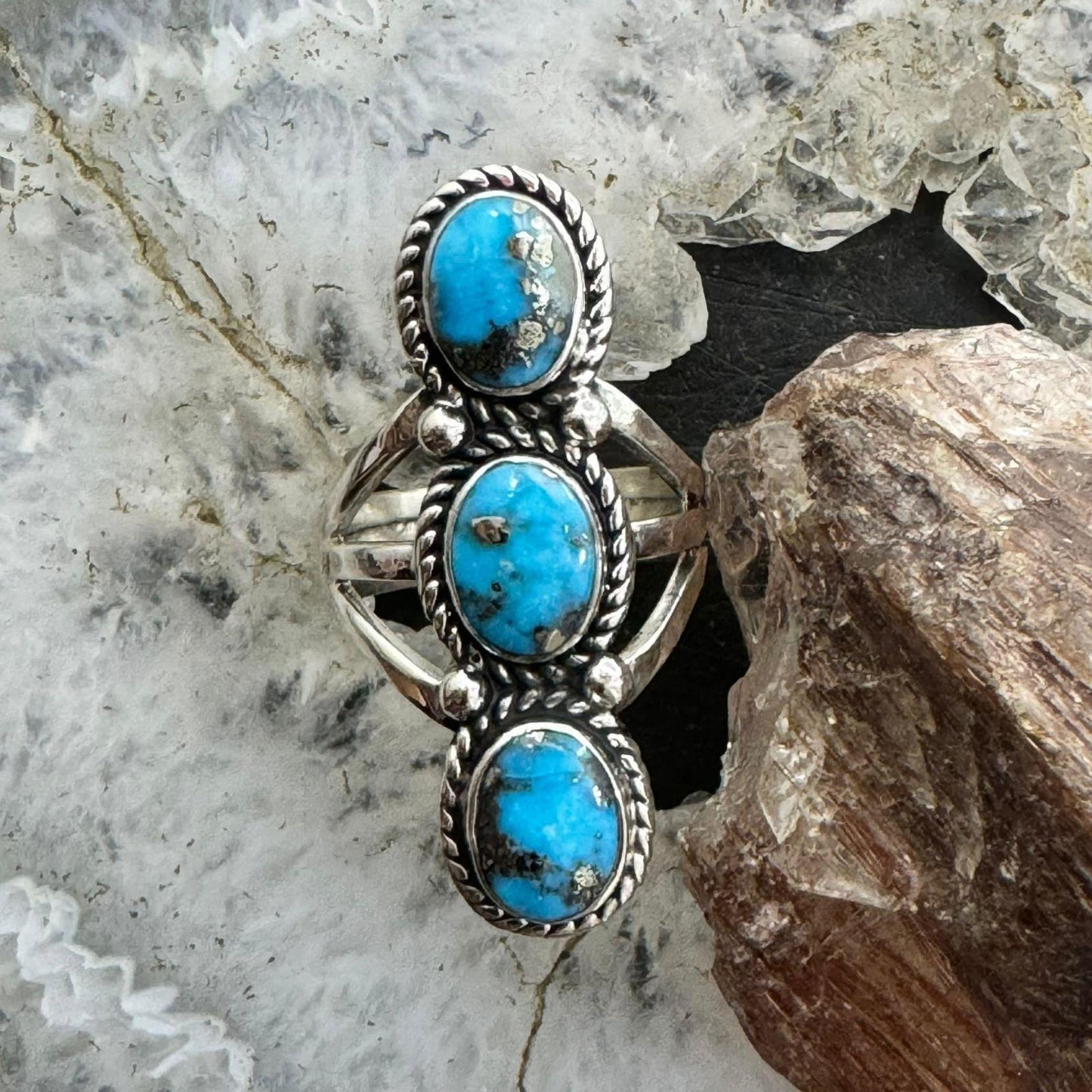 Native American Sterling Silver 3 Oval Matrixed Turquoise Ring Size 6.75 For Women