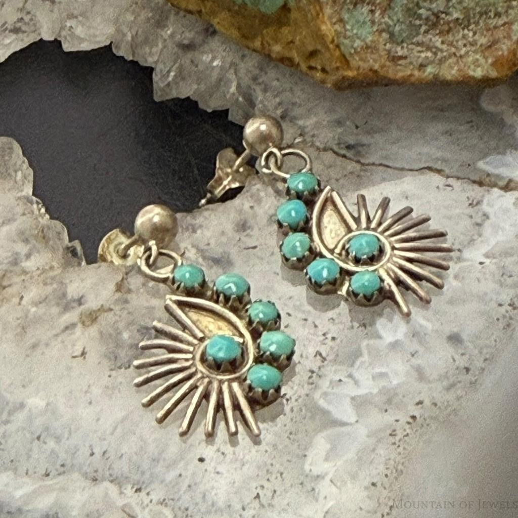 Vintage Native American Silver 6 Petitpoint Turquoise Dangle Earrings For Women
