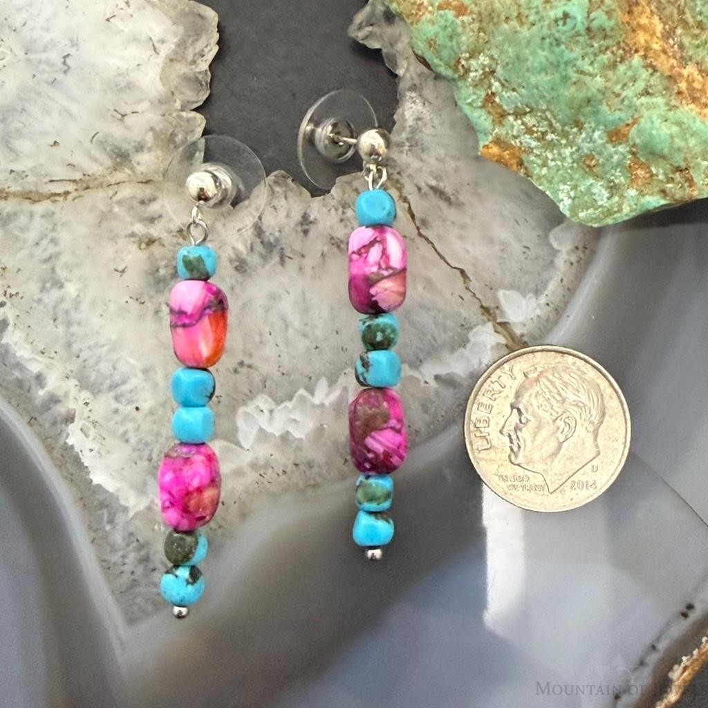 Sterling Silver Turquoise & Pink Dahlia Beads Long Dangle Earrings For Women