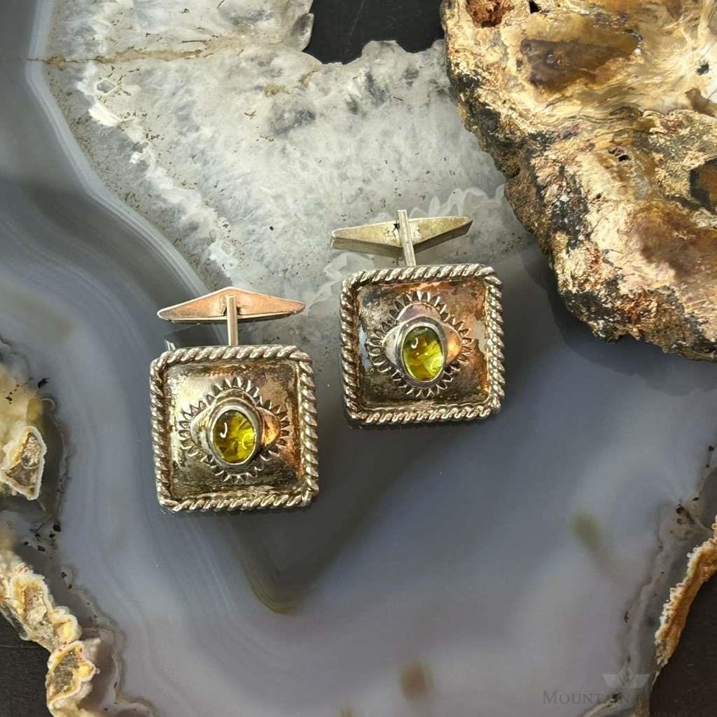 Anthony Kee Native American Sterling Silver Square Cufflinks w/Peridot For Men