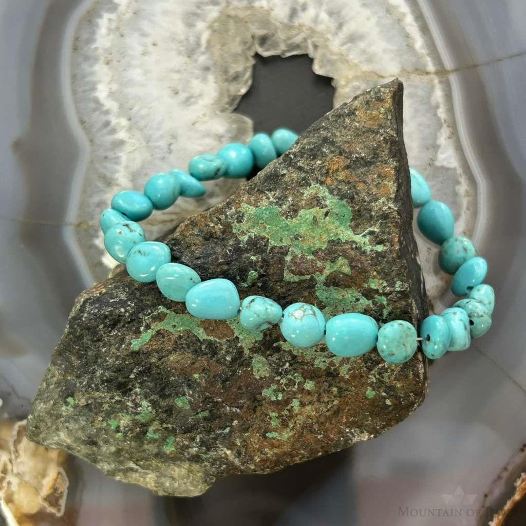 Sterling Silver Natural Turquoise Beads 7.5" Bracelet For Women