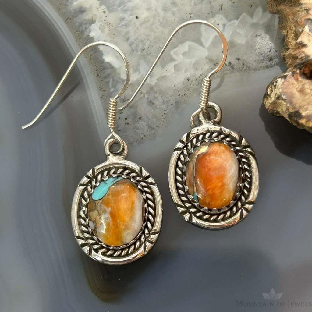 Sterling Silver Southwestern Style Spiny Oyster Turquoise Dangle Earrings For Women #6