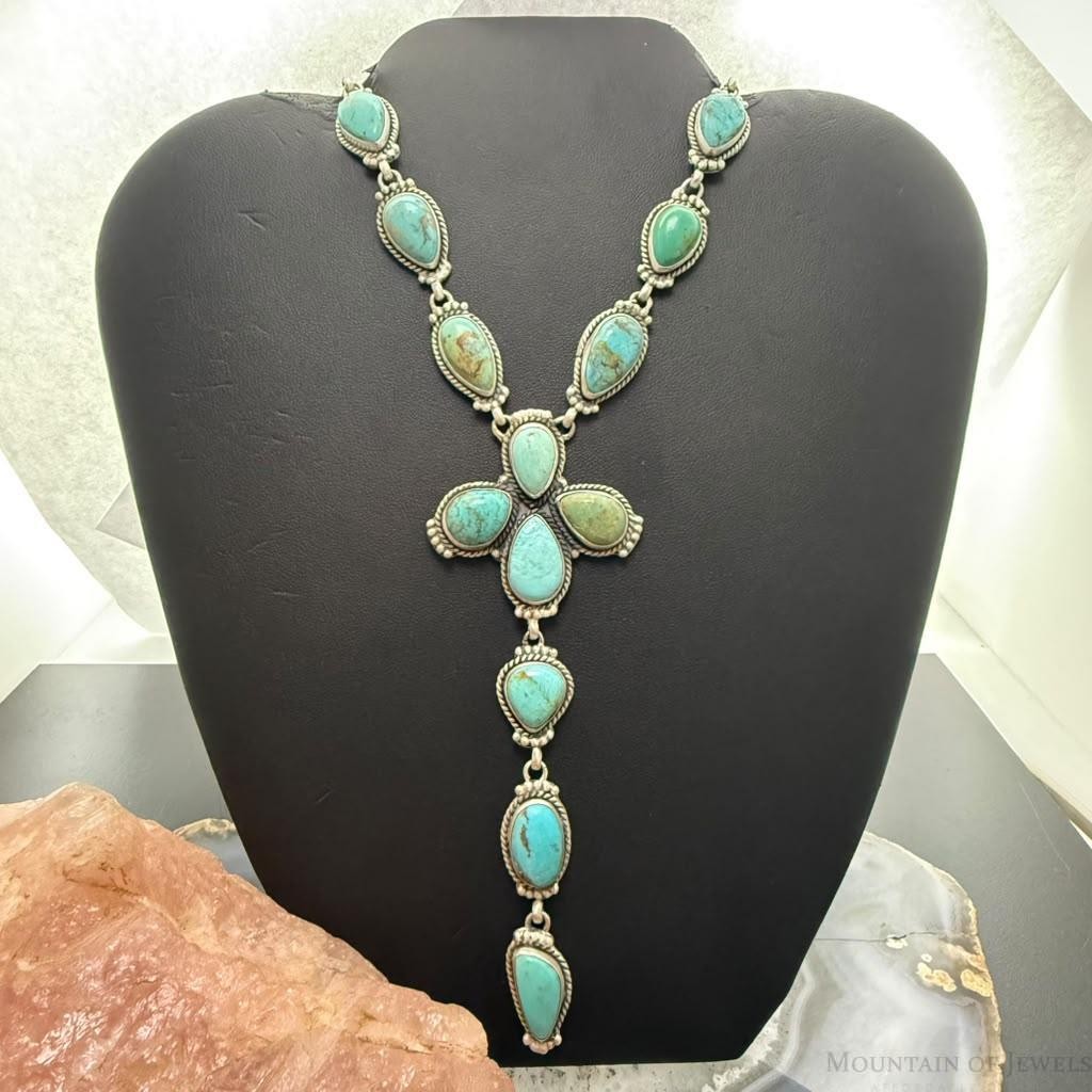 Sterling Silver Southwestern Style Royston Turquoise Lariat 28" Necklace For Women
