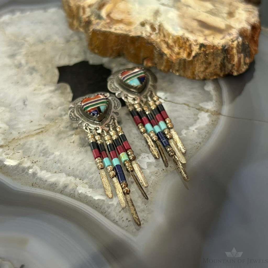 Q.T Quoc Vintage Sterling Sillver Multistone Inlay Heart Dangle Earrings For Women