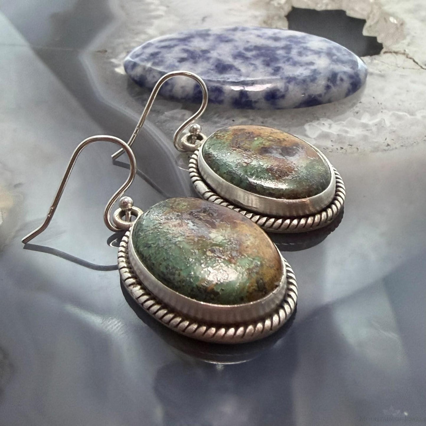 Sterling Silver Southwestern Style Oval Royston Turquoise Dangle Earrings For Women