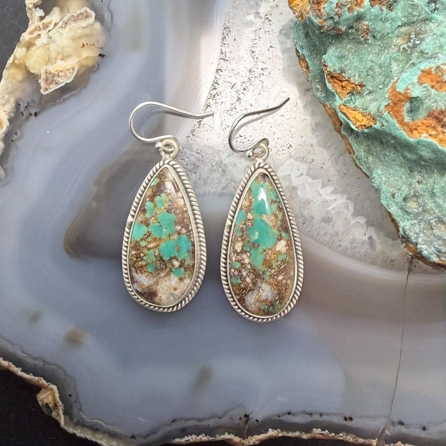Sterling Silver Southwestern Style Teardrop Royston Turquoise Dangle Earrings For Women