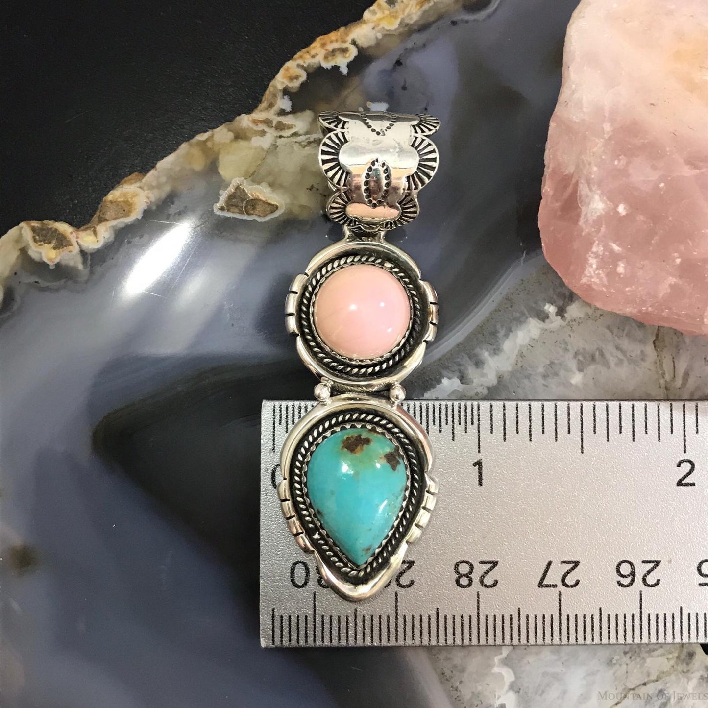 Native American Sterling Silver Pink Conch Shell & Turquoise Pendant For Women