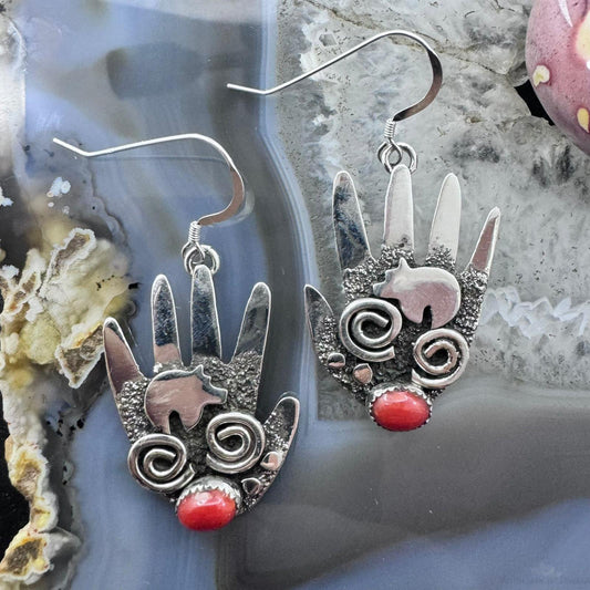 Alex Sanchez Sterling Silver Ancestors Hand Petroglyph w/Coral Dangle Earrings For Women #1