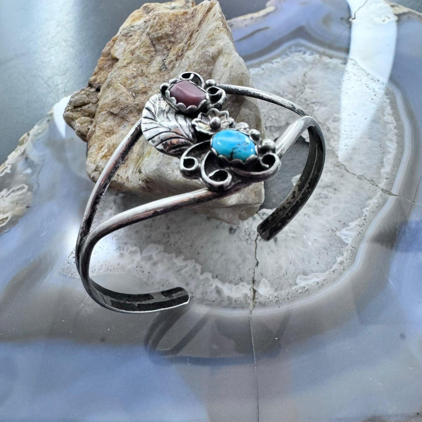 Vintage Native American Silver Turquoise & Coral Decorated Bracelet For Women