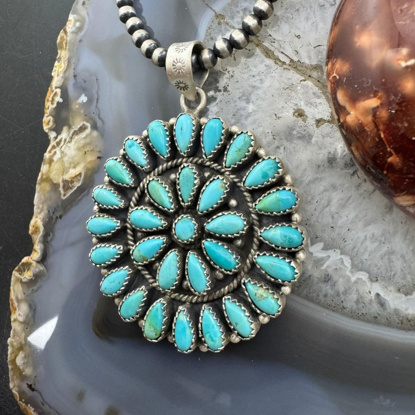 Sterling Silver Southwestern Style Teardrop Turquoise Round Cluster Pendant For Women