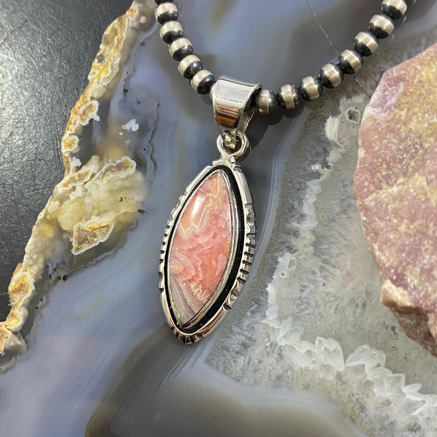 Native American Sterling Silver Marquise Rhodochrosite Pendant For Women