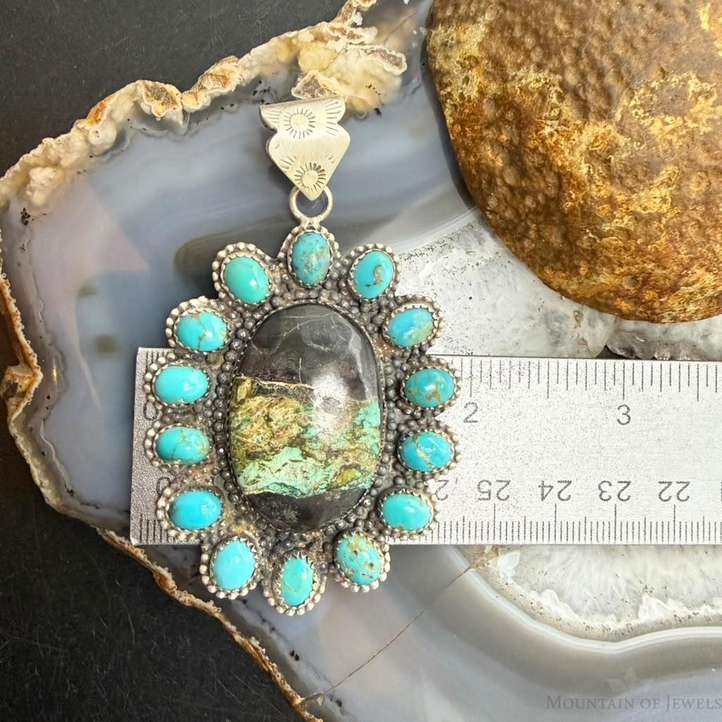 Sterling Silver Southwestern Style Blackjack & Kingman Turquoise Pendant For Women