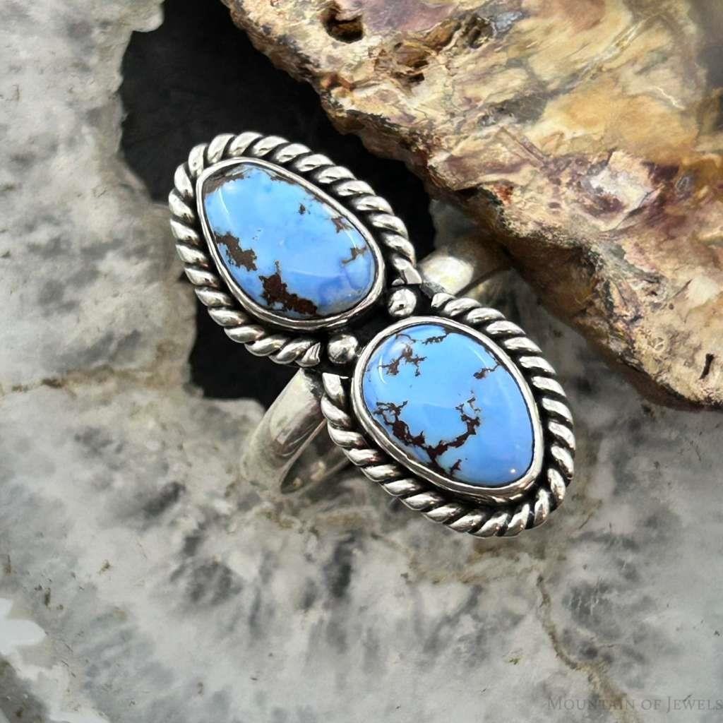 Sterling  Silver Southwestern Style Teardrop Double Golden Hill Turquoise Ring Size 9.75 For Women