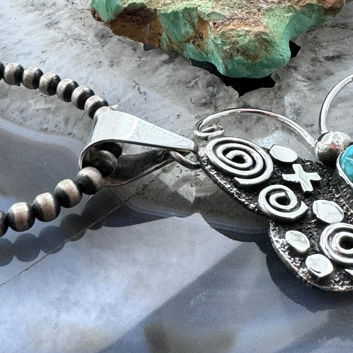 Alex Sanchez Sterling Silver Turquoise & Petroglyph Butterfly Pendant For Women