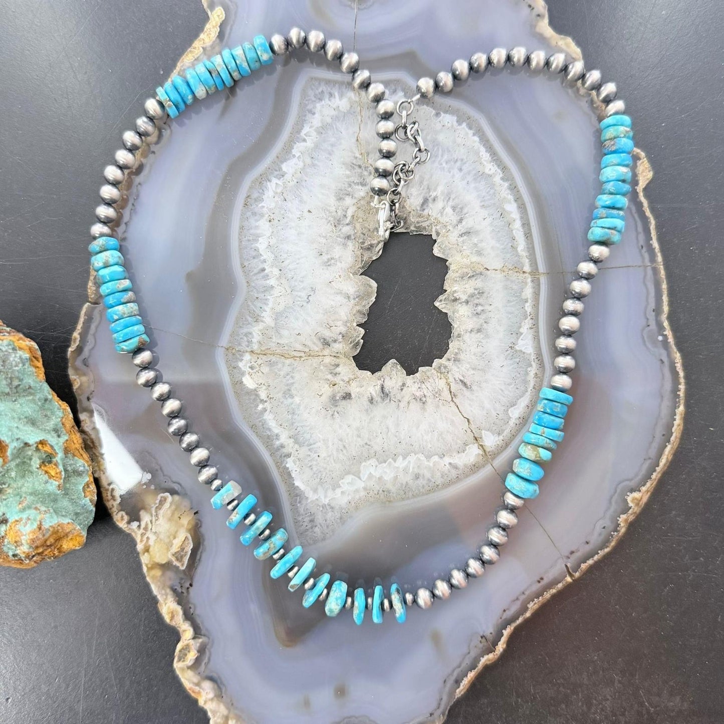 Sterling Silver Southwestern Style Blue Turquoise Beads & Starling Beads 19" Necklace For Women