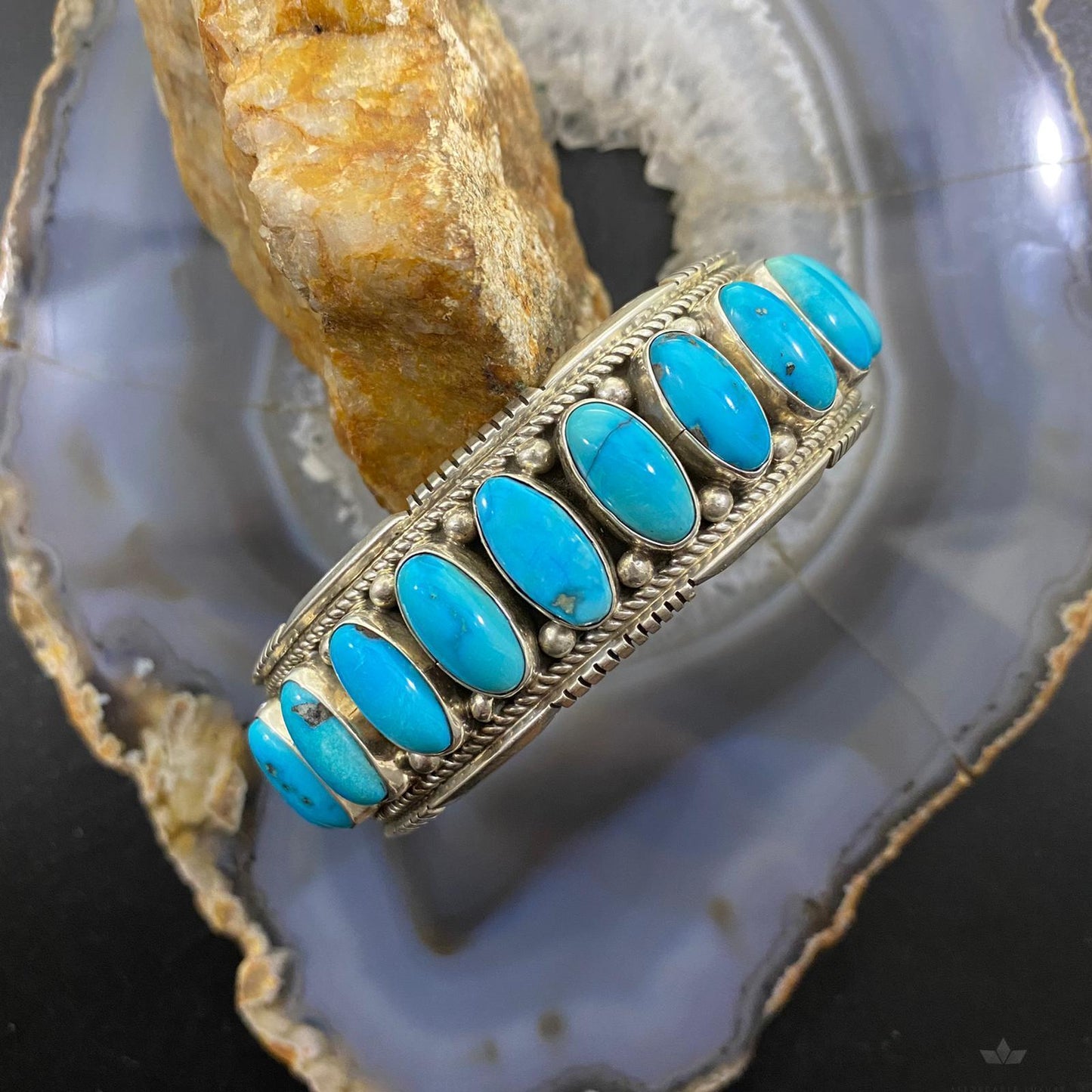 Vintage Native American Sterling Silver Oval Turquoise Row Bracelet For Men