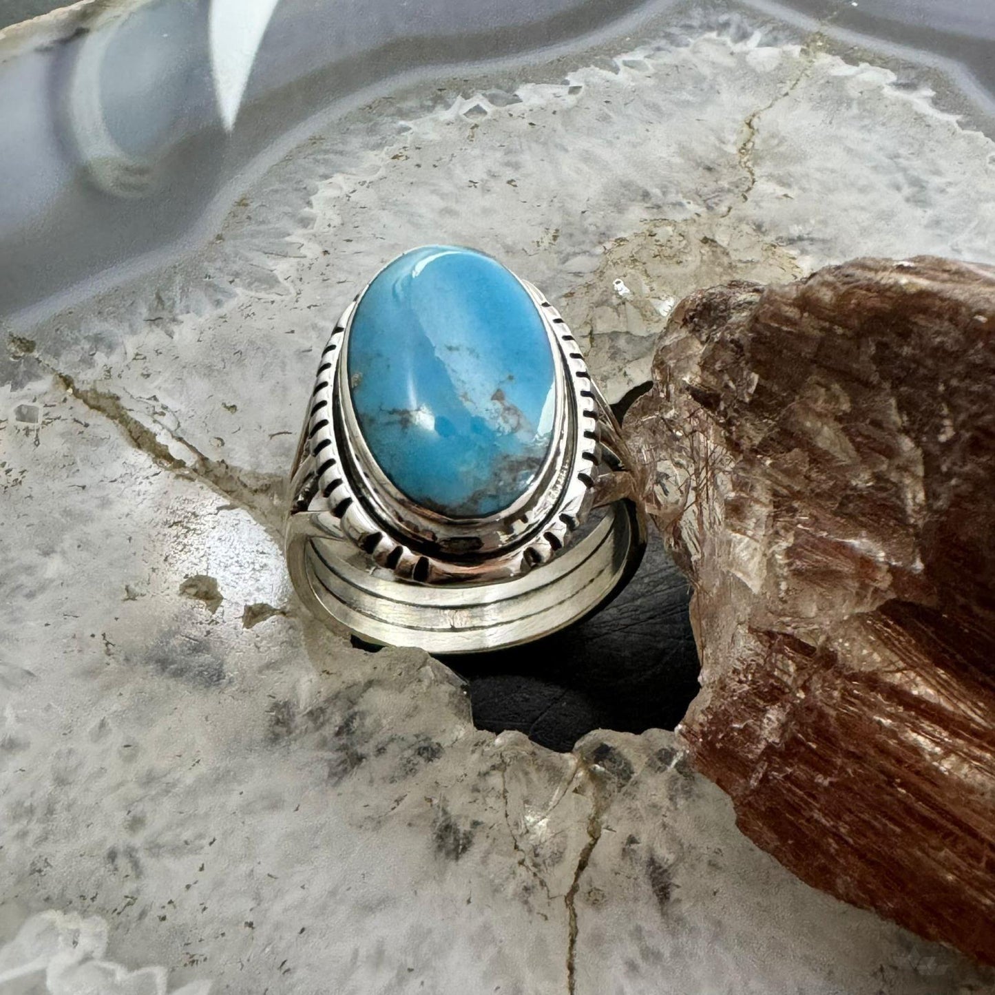 Native American Sterling Silver Oval Kingman Turquoise Ring Size 9.25 For Women