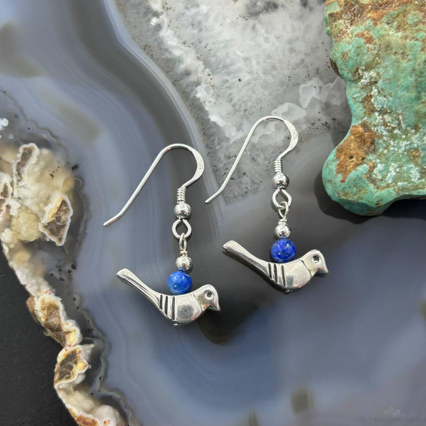 Carolyn Pollack Southwestern Style Sterling Silver Bird with Lapis Bead Dangle Earrings For Women