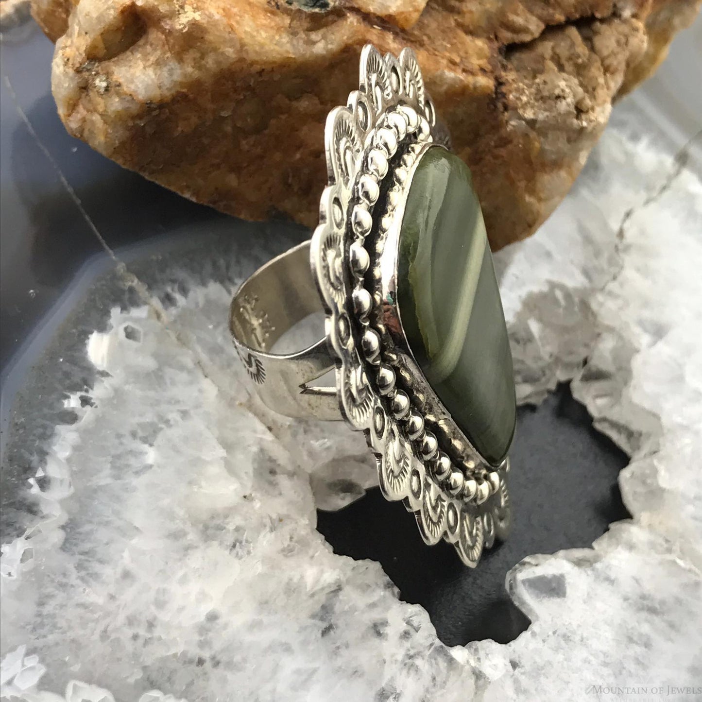 Kevin Rey Coriz Native American Sterling Silver Green Agate Ring Size 7.5 For Women