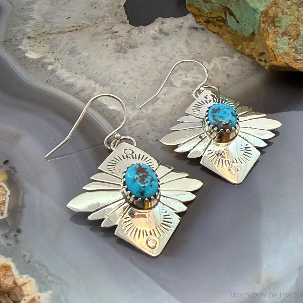 Michael Nez Navajo Sterling Silver Turquoise Pueblo Life Dangle Earrings For Women