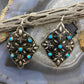 Leander Tahe Sterling Silver Turquoise Floral Repousse Square Concho Earrings