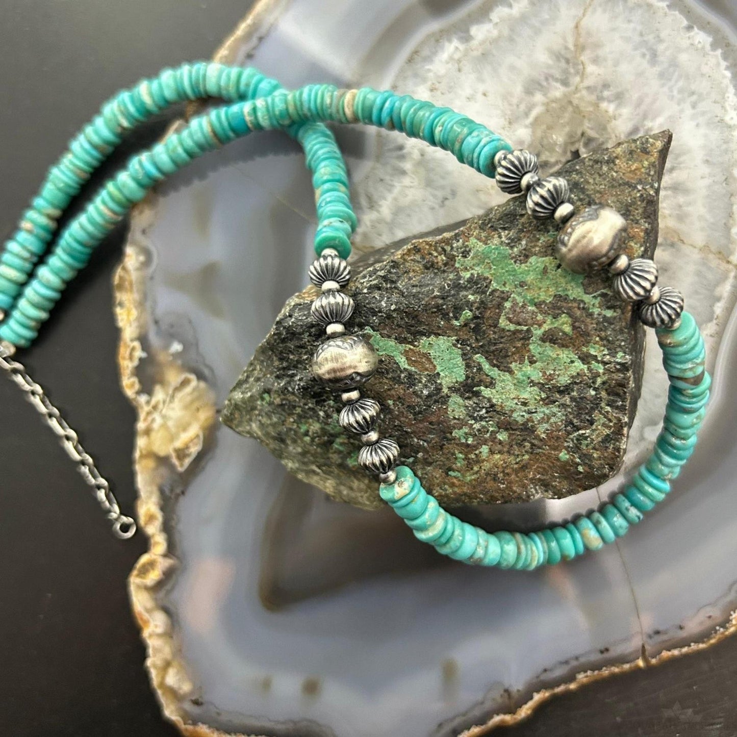 Sterling Silver Southwestern Style Blue Turquoise Beads & Sterling Beads 18"-20" Necklace