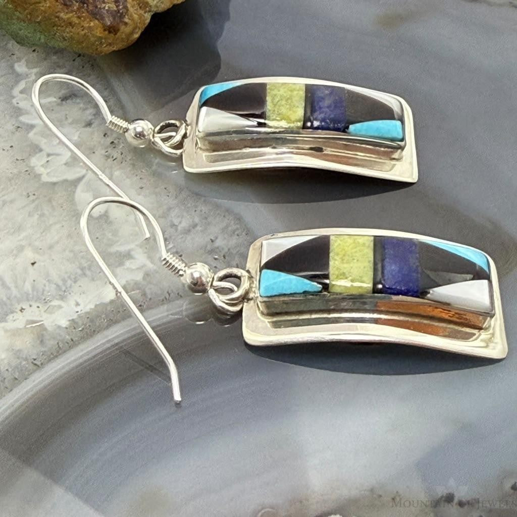 Sheryl Edaakie Zuni Sterling Silver  Multistone Inlay Rectangle Dangle Earrings For Women #2