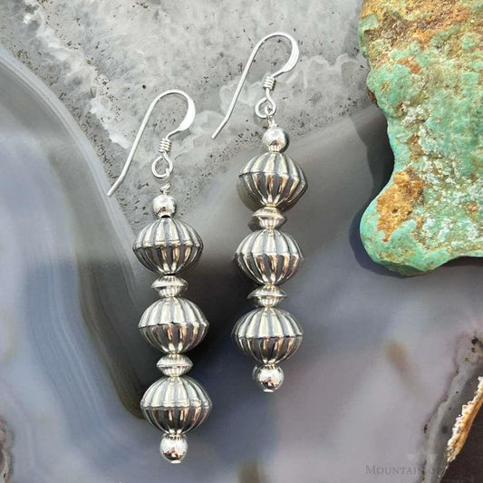 Native American Sterling Silver Grooved Saucer Pearl Beads Dangle Earrings For Earrings