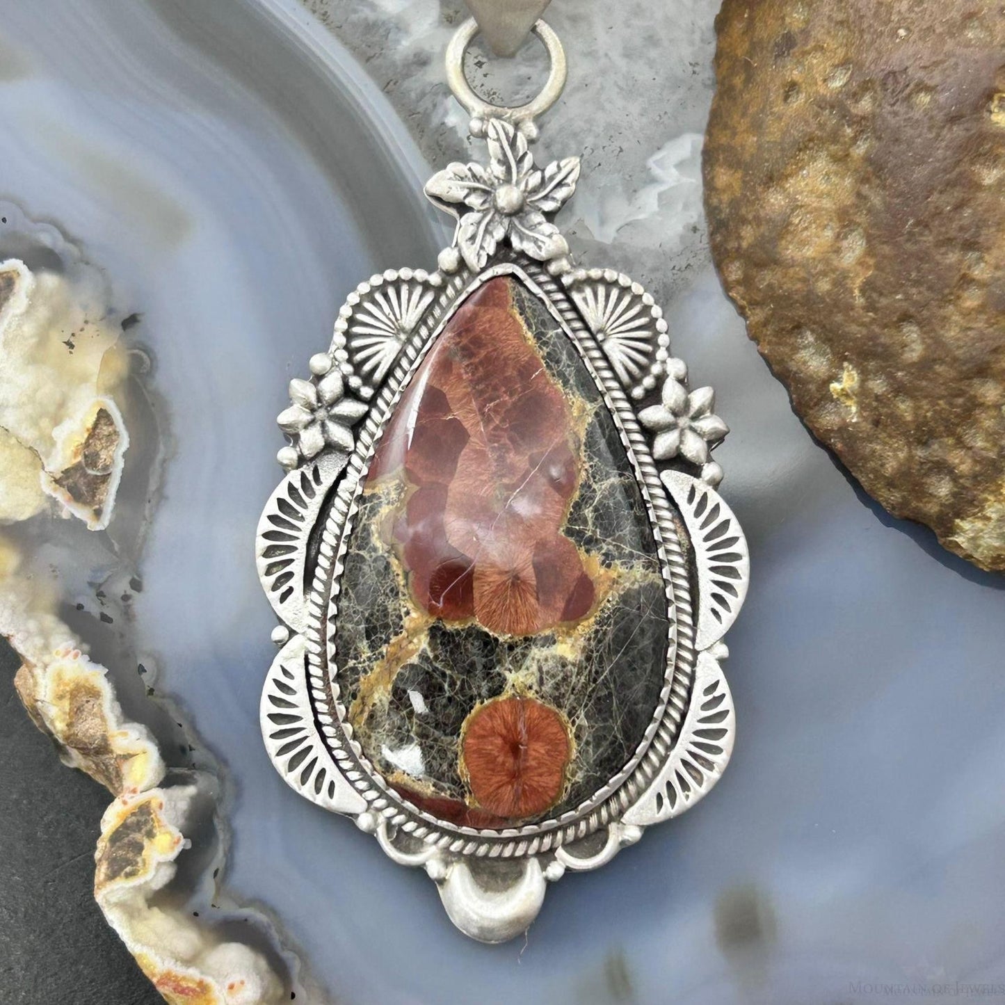 Sterling Silver Southwestern Style Peanut Obsidian Decorated Pendant For Women