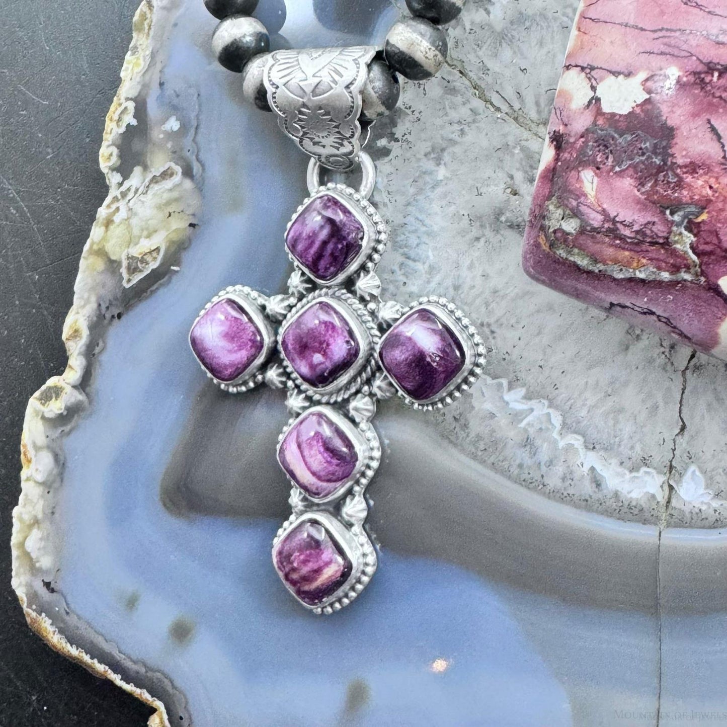 Native American Sterling Silver Purple Spiny Oyster Cross Pendant For Women