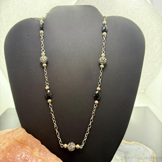 Carolyn Pollack Sterling Silver Faceted Onyx W/Swirl Beaded 26" Necklace for Women