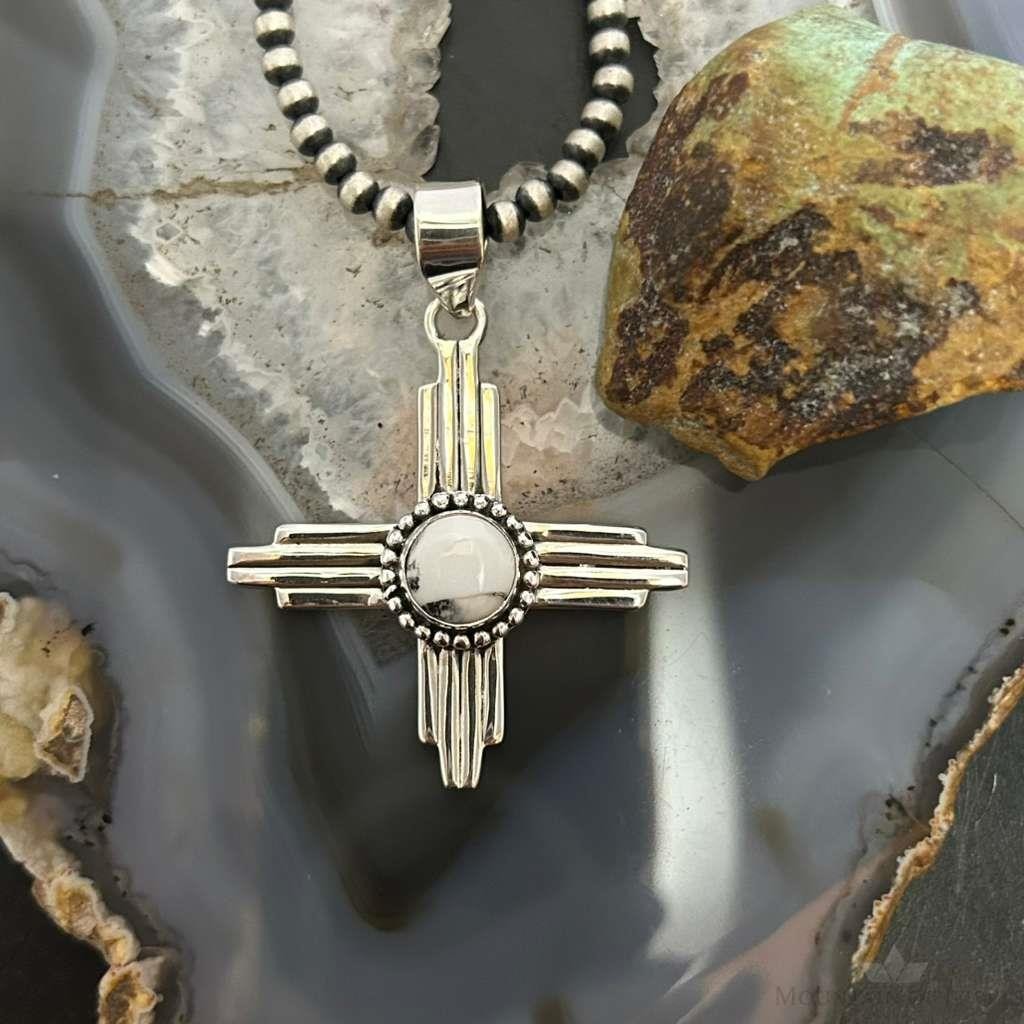 Sterling Silver Southwestern Style Round White Buffalo Unisex Zia Pendant #2