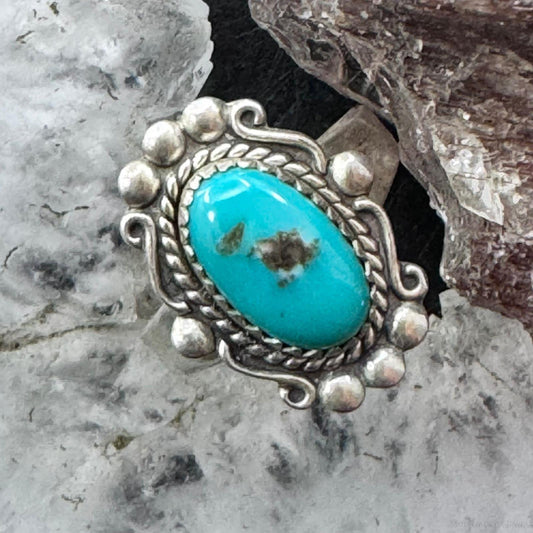 Vintage Native American Sterling Oval Turquoise Decorated Ring Size 7 For Women