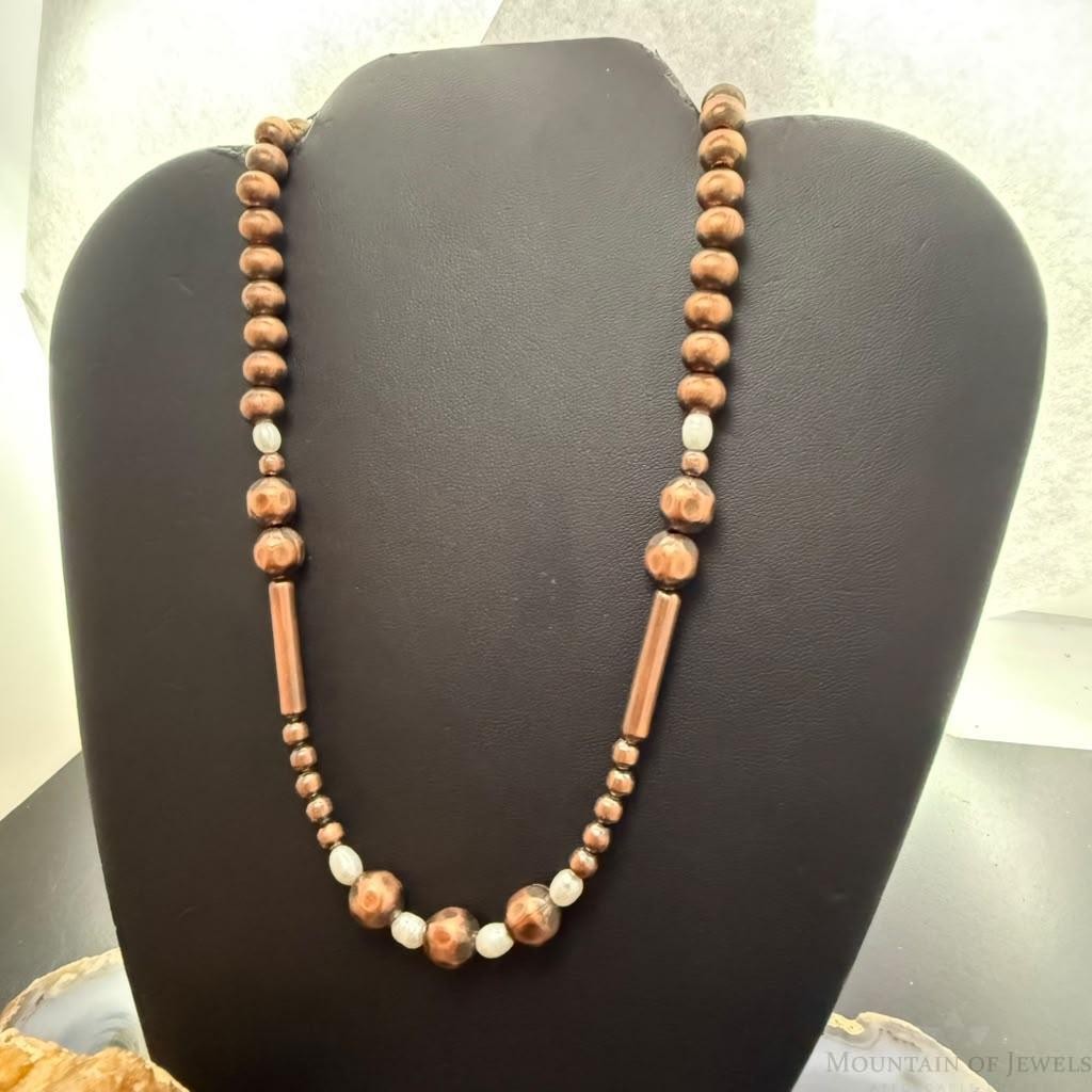 Southwestern Style 4.5-9mm Copper Navajo Pearl & Cylinder w/Freshwater Pearl 20" Necklace For Women