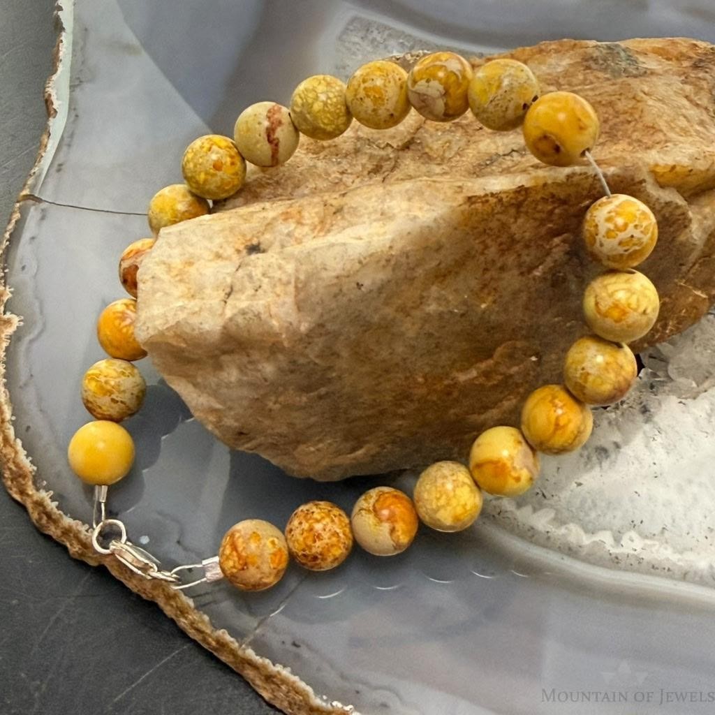 Sterling Silver 8mm Round Snake Skin Jasper Beads 7" Bracelet For Women