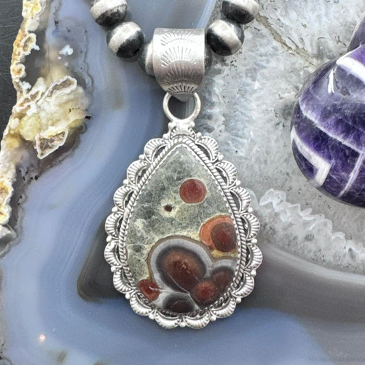 Sterling Silver Southwestern Style Teardrop Peanut Obsidian Decorated Pendant For Women
