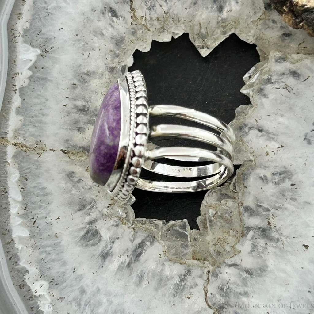 Sterling Silver Southwestern Style Teardrop Stichtite Decorated Ring Size 6.75 For Women