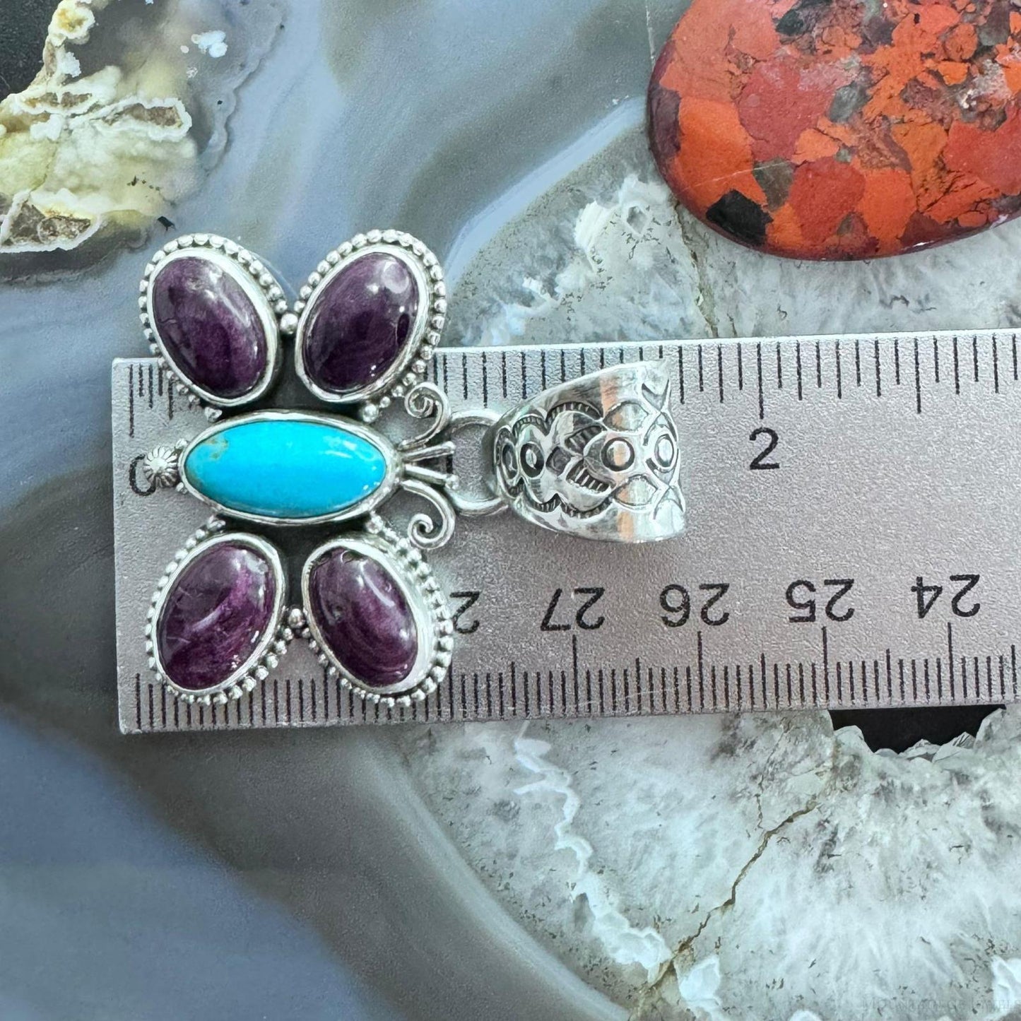 Native American Sterling Silver Turquoise & Spiny Oyster Butterfly Pendant For Women