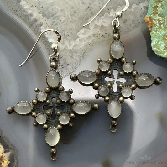 Vintage Silver Moonstone Decorated Cross Dangle Earrings For Women