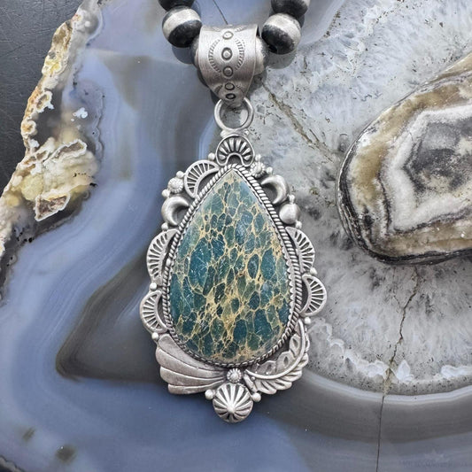 Sterling Silver Southwestern Style Teardrop Sediment Jasper Flower Decorated Pendant For Women